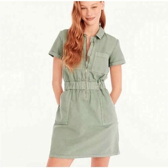 J. Crew Utility Zip Front Chino Dress Green Elastic Waist Short Sleeve Size 2 - Picture 1 of 9